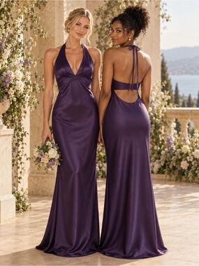 NWT Princess Polly Odyssa Purple Satin Halter Maxi Dress Eggplant, Wedding Guest